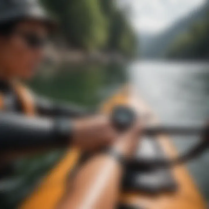 Kayaker checking heart rate on a Garmin watch during a paddling session