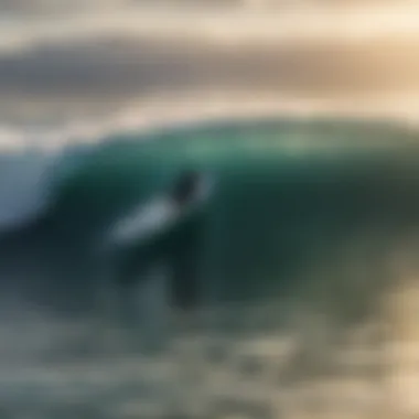 A surfboard gliding over shimmering ocean waves, emphasizing the effects of light on surf conditions.