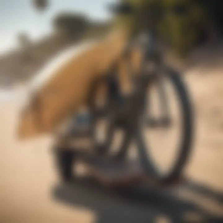 Innovative surfboard rack attached to a bike