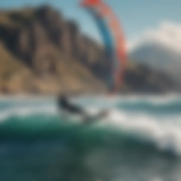 Kite surfer speeding through the waves against a backdrop of Sicilian mountains