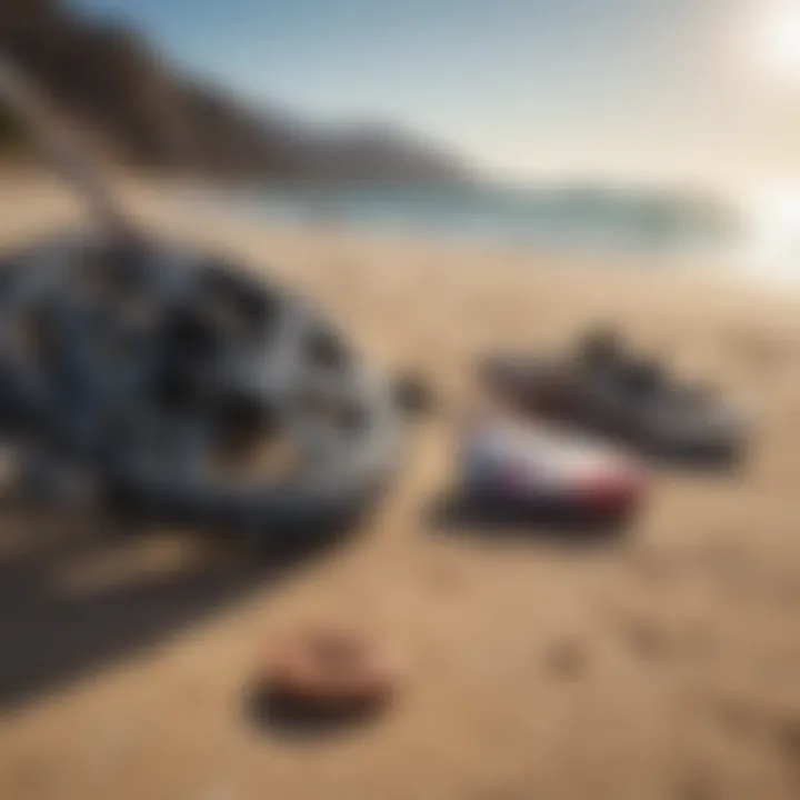 Kite surfing equipment laid out on sandy beach under the Sicilian sun