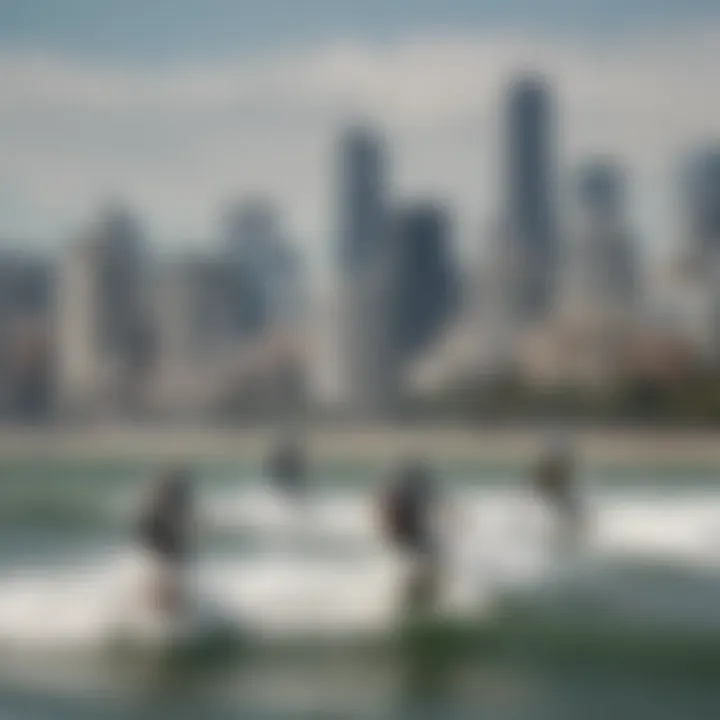 Group of kiteboarders racing across the waves with the city skyline in the background