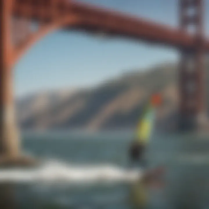 Close-up of a colorful kiteboard against the backdrop of the Golden Gate Bridge