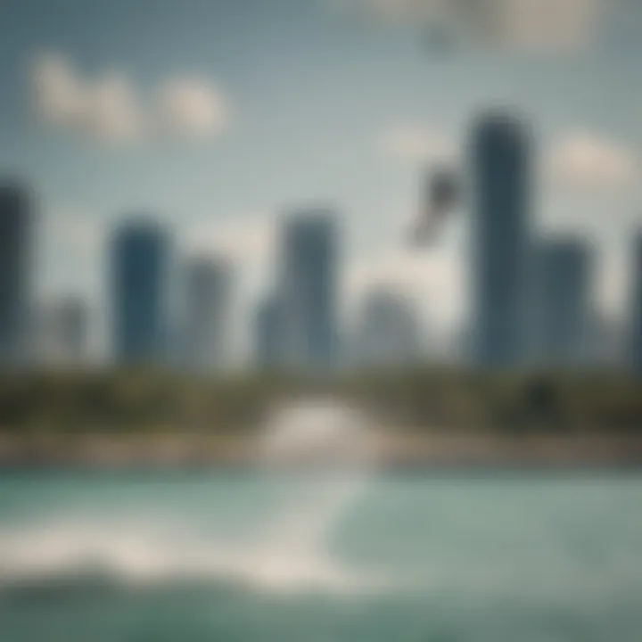 Kiteboarder executing a perfect jump with the Miami skyline in the background