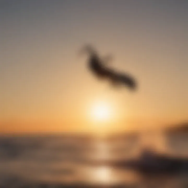 Silhouette of a kiteboarder performing a high jump at sunset in San Francisco Bay