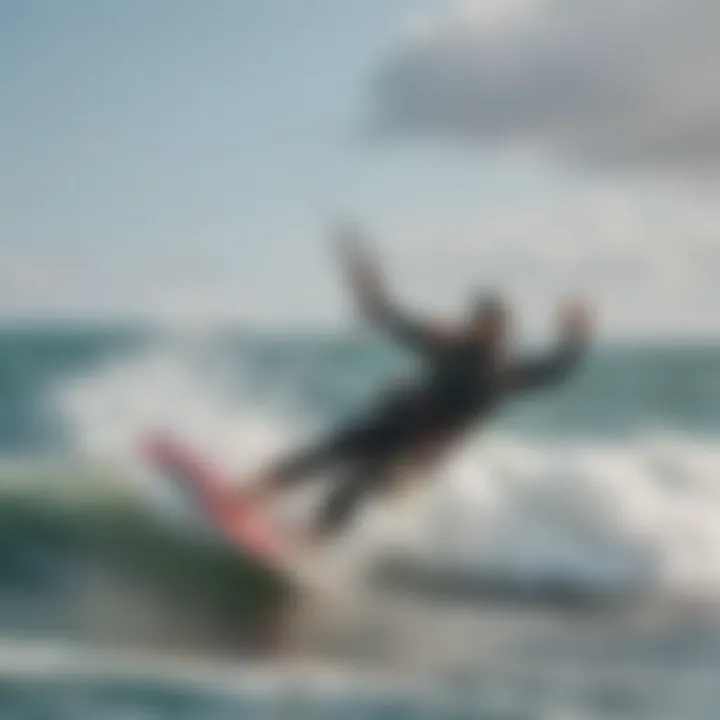 Kitesurfer riding the waves with colorful kite