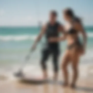 Kitesurfing instructor providing guidance on the beach