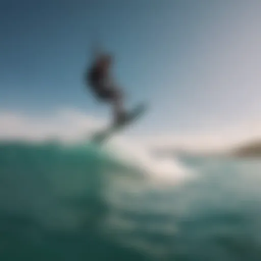 Vibrant kitesurfer gliding over crystal clear waters