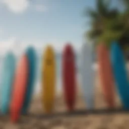 Vibrant surfboards lined up on the beach in Kona