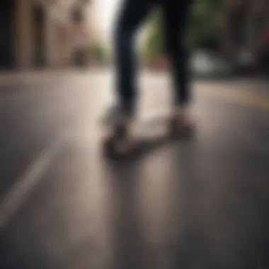 Longboard wheels in motion on urban pavement