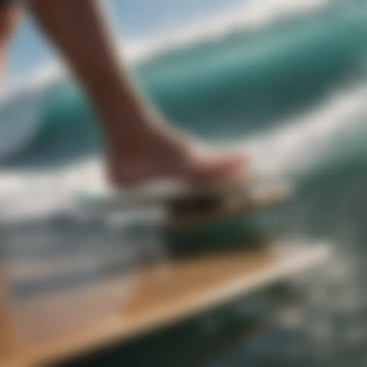 A close-up of a surfer's foot positioning on the board for optimal performance