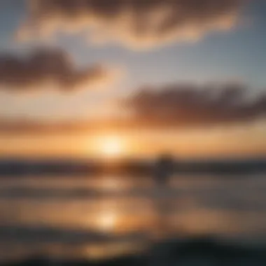 A stunning sunset over the horizon with silhouettes of surfers catching waves