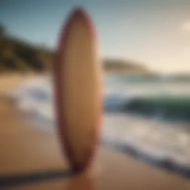 A surfboard standing upright on a sandy beach with ocean waves in the background