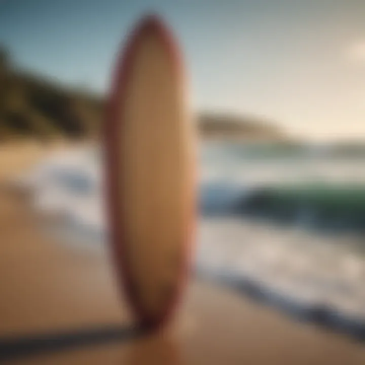 A surfboard standing upright on a sandy beach with ocean waves in the background