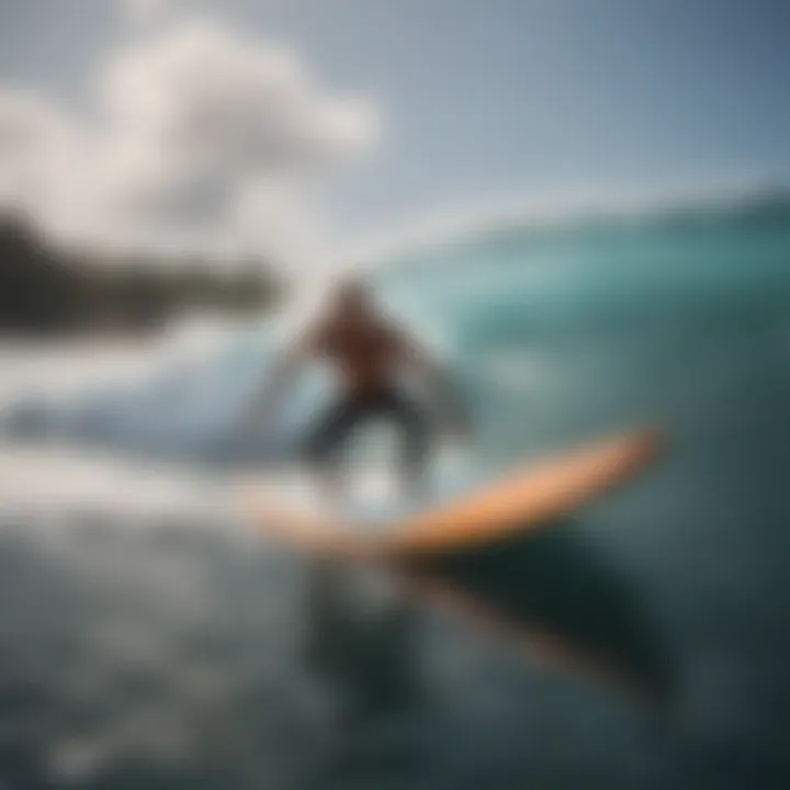 A scenic view of a surfer paddling through waves showcasing technique.