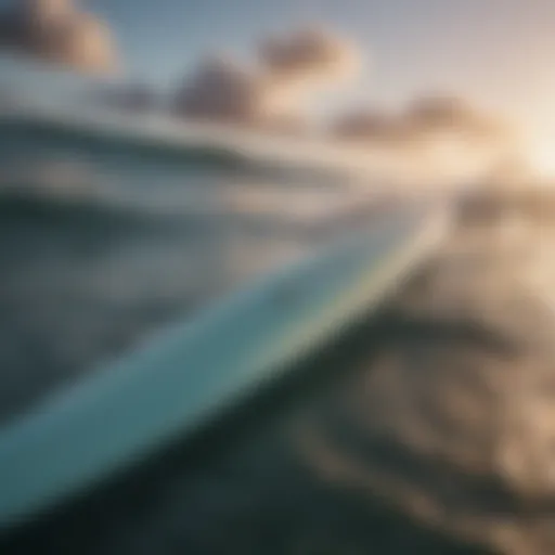 A close-up of a surfboard on the ocean surface highlighting its design features.