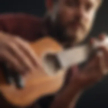 Person playing ukulele with focus on fingers