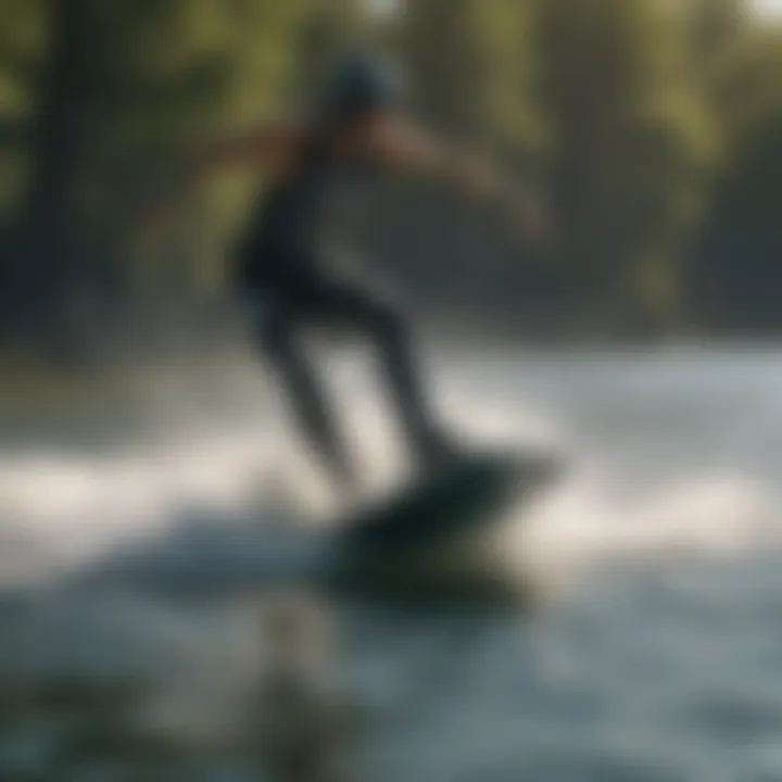 Wakeboarder gracefully gliding across the water surface