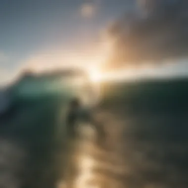 Surfer catching a barrel wave at sunset