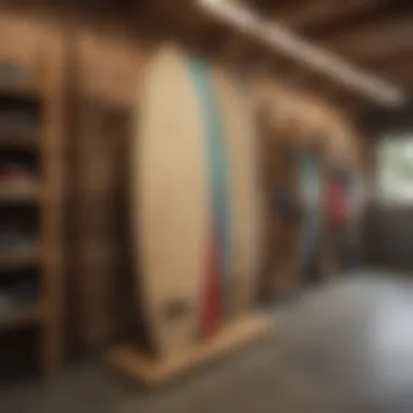 Custom-built wooden surfboard rack in a well-organized garage