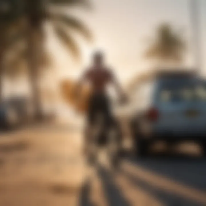 Surfer carrying surfboard on bike with surf rack