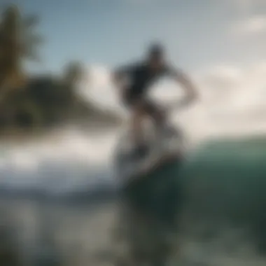 Surfer riding bike with surfboard using bike surf rack