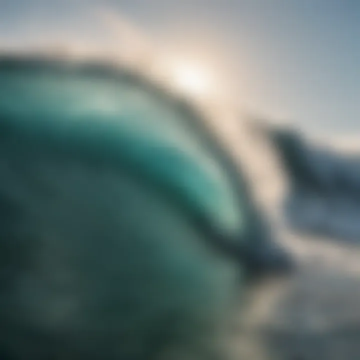 A detailed view of surfboard fins cutting through a wave