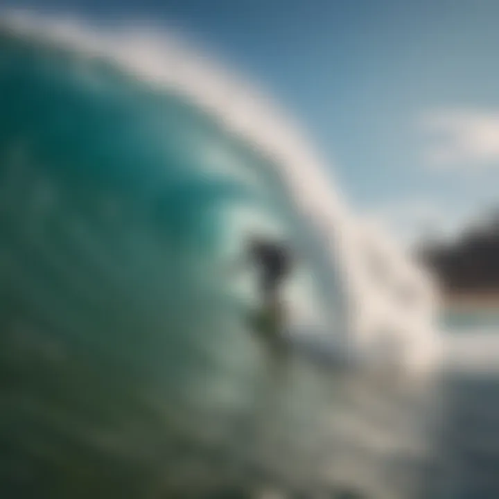 Ocean waves crashing against the 4-foot quarter pipe as a surfer rides it