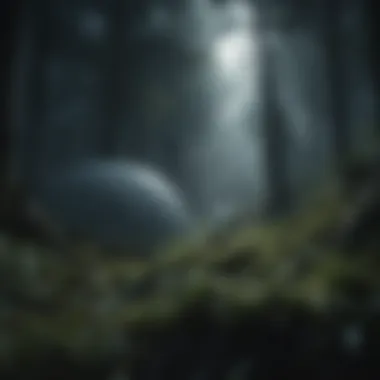 Rays of moonlight filtering through dense forest foliage