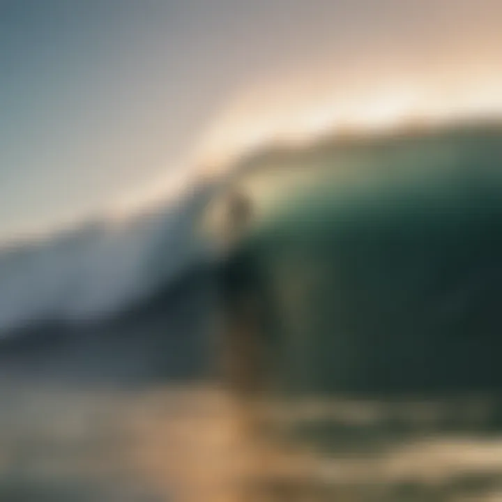 A lone surfer riding a colossal wave at sunrise, embodying the spirit of adventure and freedom.