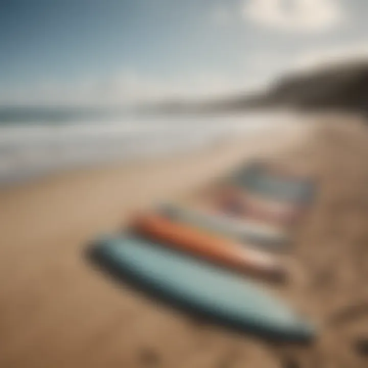 A tranquil beach scene with surfboards lined up against the horizon, reflecting community and connection.