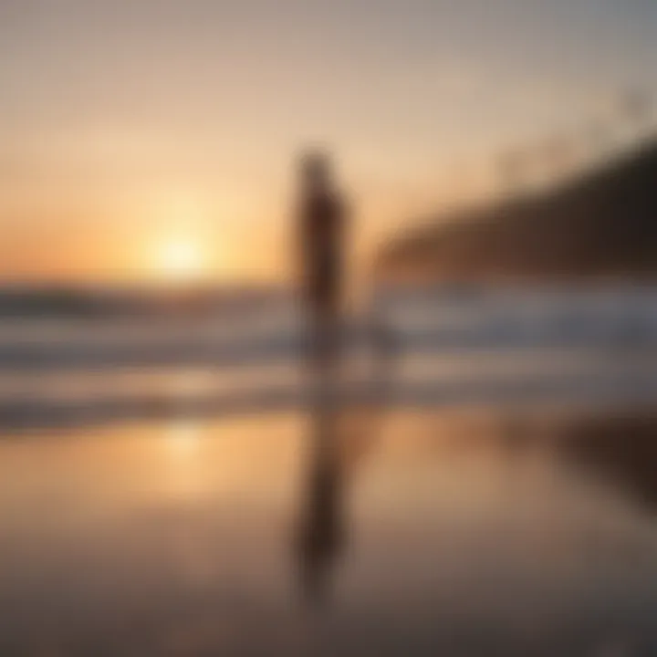 A surfer meditating on a beach at sunset, symbolizing introspection and the deeper meanings of the surf culture.