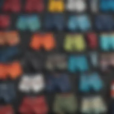 Diverse styles of boardshorts laid out for comparison