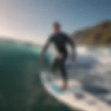 A surfboarder using digital tools for direction.