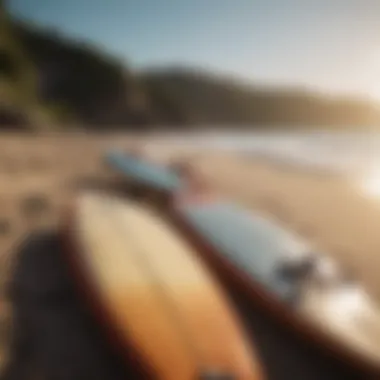 Surfboards lined up along the shore