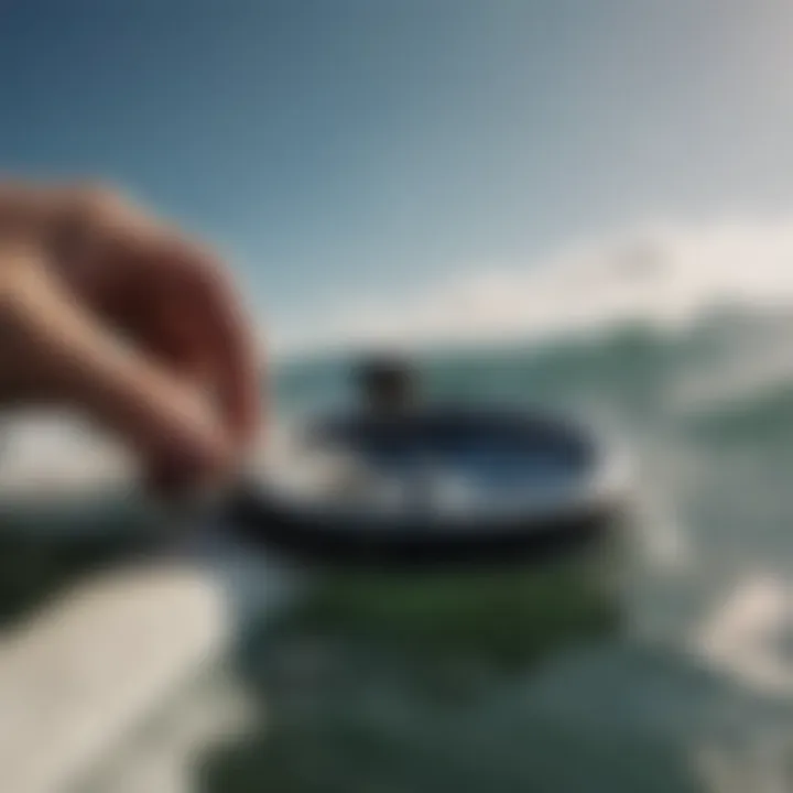 A surfer utilizing a compass for navigation at sea