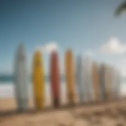 Various surfboard types lined up on the beach