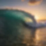 A stunning ocean wave at sunrise illustrating surf conditions