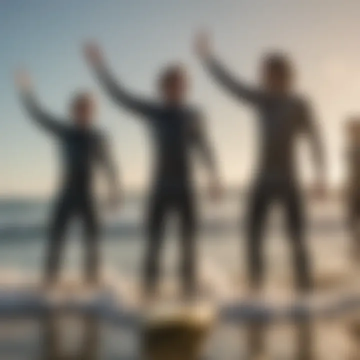 Surfboarders high-fiving after a successful ride