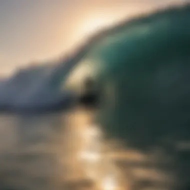 Silhouette of a surfer riding a big wave at sunset