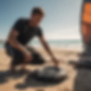 Kitesurfing enthusiast inspecting used gear for purchase