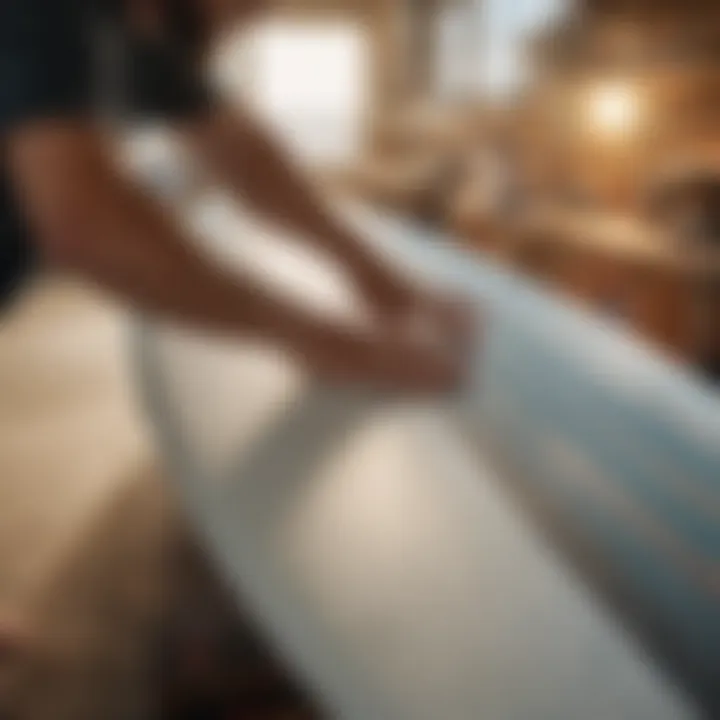 A close-up shot of a professional surfer waxing his board with precision and focus