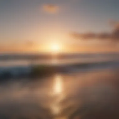 Ocean horizon during the sunrise with surfers in distance