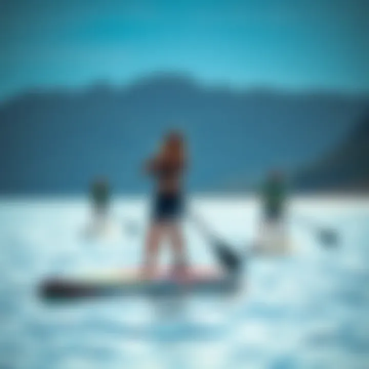 A picturesque scene of paddle boarders enjoying the water