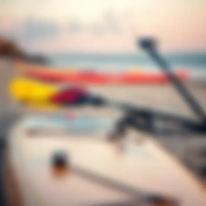 A close-up of paddleboard equipment set up on a beach with vibrant colors