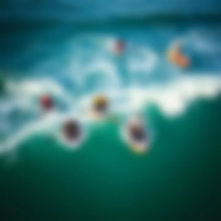 An aerial view of diverse paddleboarders navigating through ocean waves