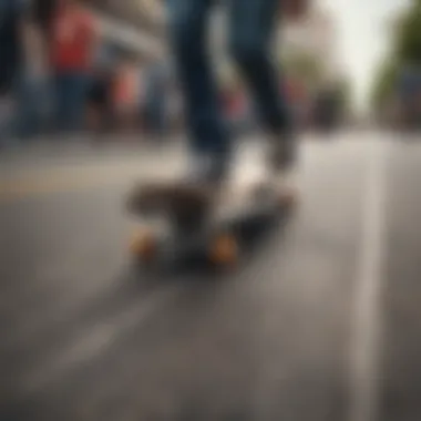 Skateboarders weaving through parade route with precision