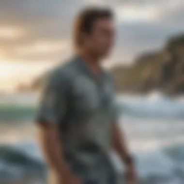 A Patagonia Hawaiian shirt in a natural outdoor setting surrounded by ocean waves