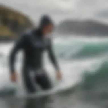 Surfer wearing Patagonia wetsuit hood in dynamic ocean waves, highlighting comfort and performance.