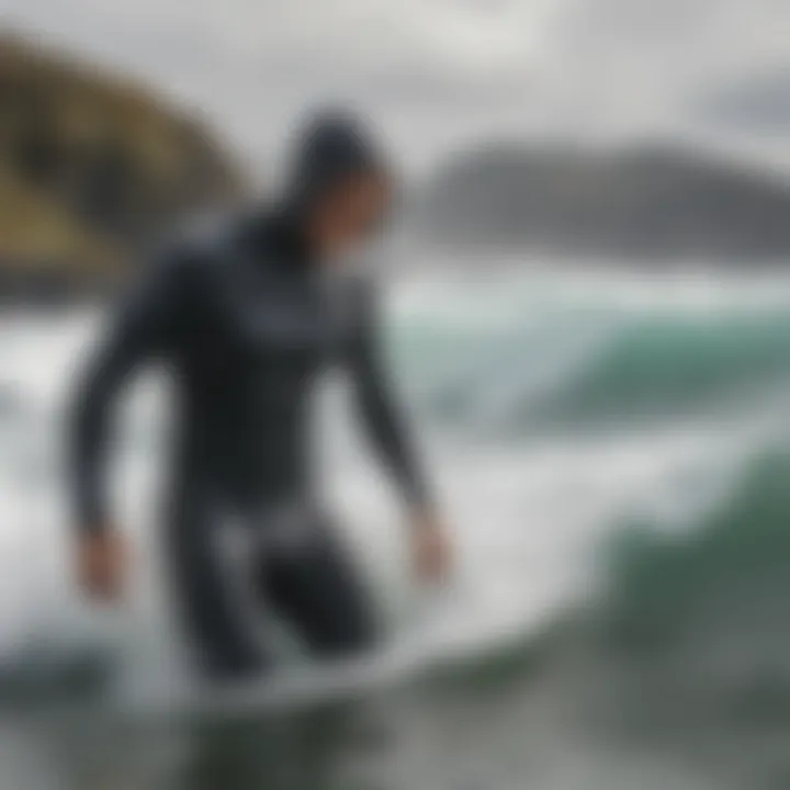 Surfer wearing Patagonia wetsuit hood in dynamic ocean waves, highlighting comfort and performance.